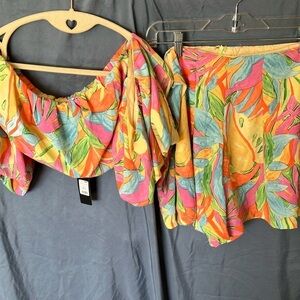 Fashion Nova: Multicolor Off-Shoulder Top and Shorts Set- Pockets- zipper- XL